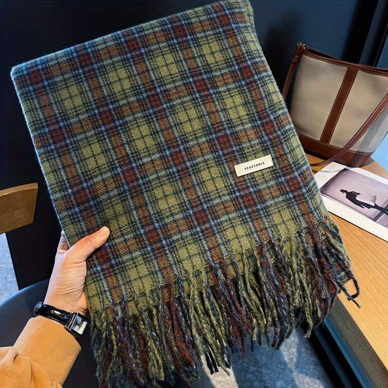 Cashmere Pashmina Wrap - 빈티지 녹색 격자 무늬 술 스카프