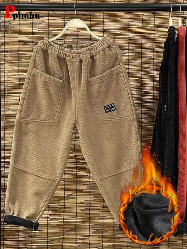 Corduroy Pant Warm - 여성용 캐주얼 플러스 벨벳 하렘 바지,