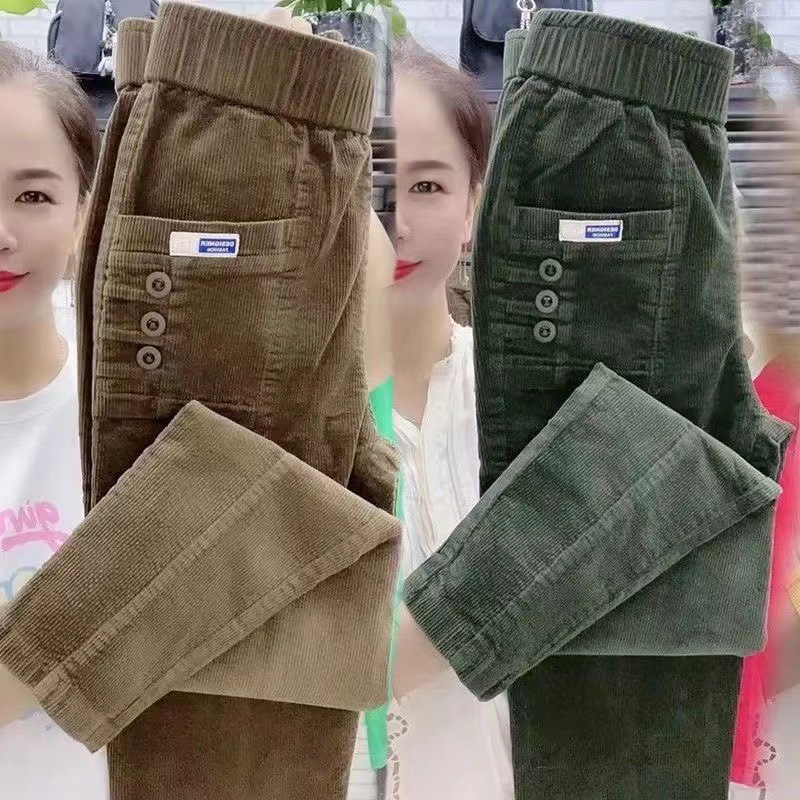 Corduroy Pant Warm - 여성 따뜻한 봄 겨울 단추 주머니